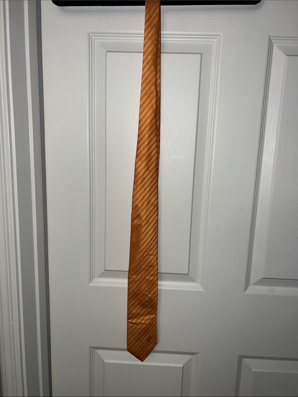 VERSACE Orange Cream Striped Medusa Logo 100% Silk Tie Made in Italy Mens